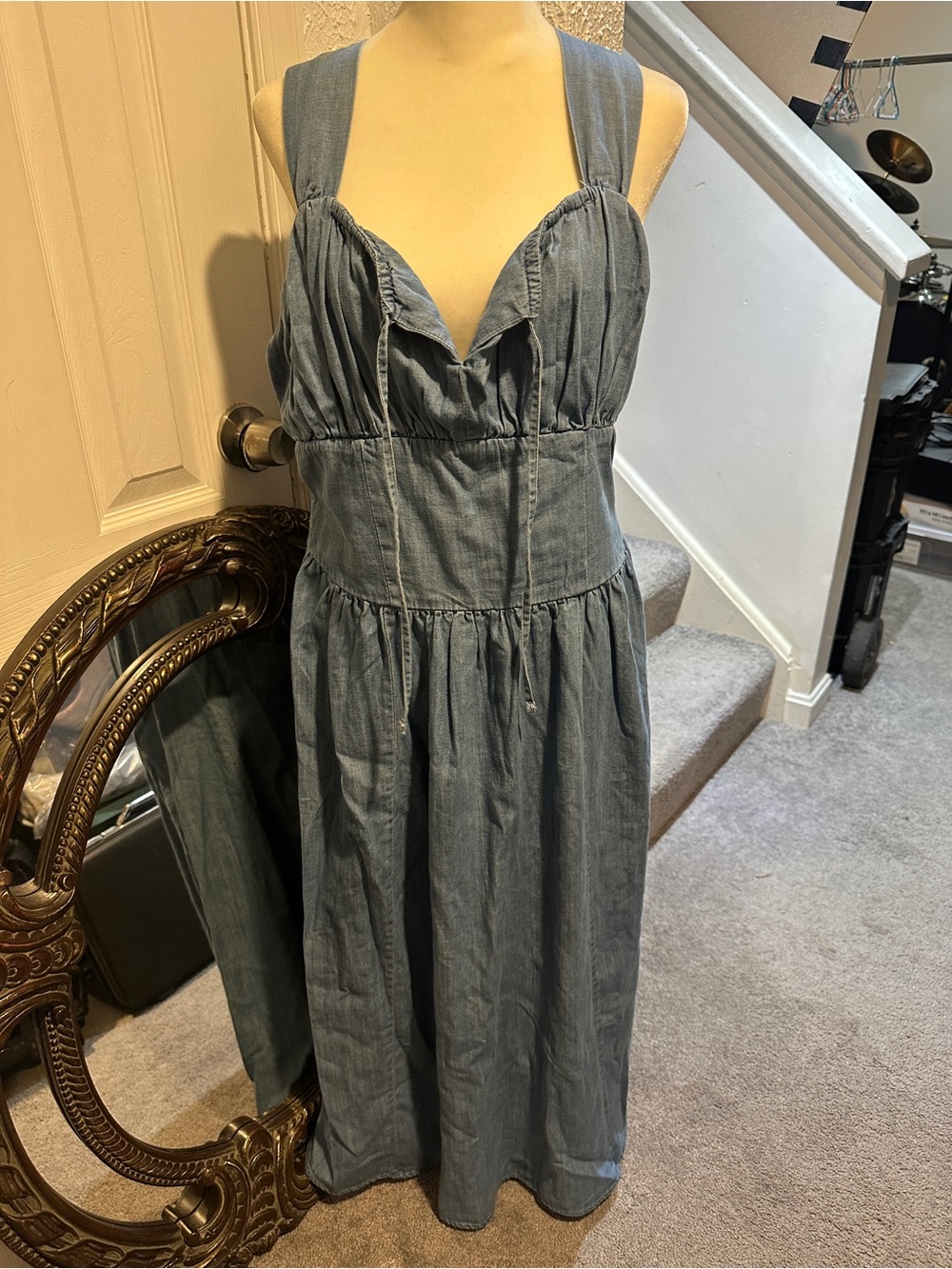 Blue Sleeveless Denim-Style Midi Dress